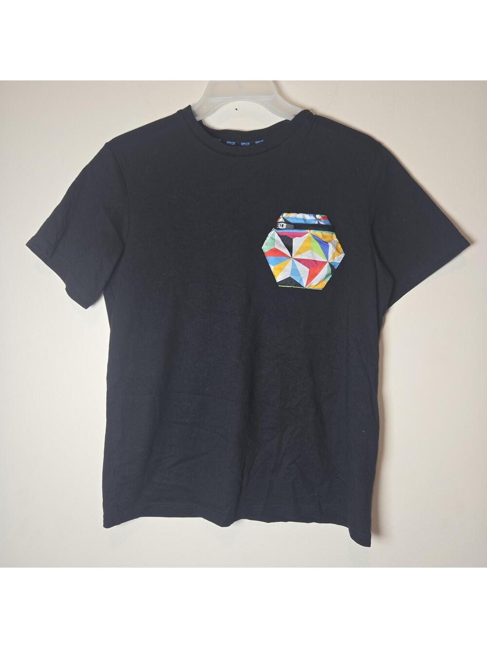 Disney Parks Epcot Colorful Spaceship Earth Zipper Pocket Black Adult Shirt Sz S